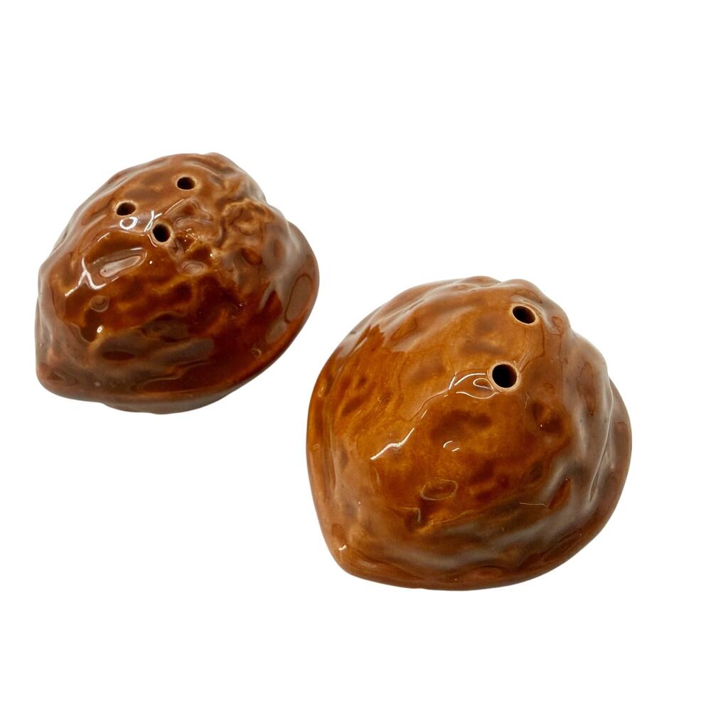 vintage brown ceramic Walnut Shell Salt & Pepper Shakers woodland rustic set